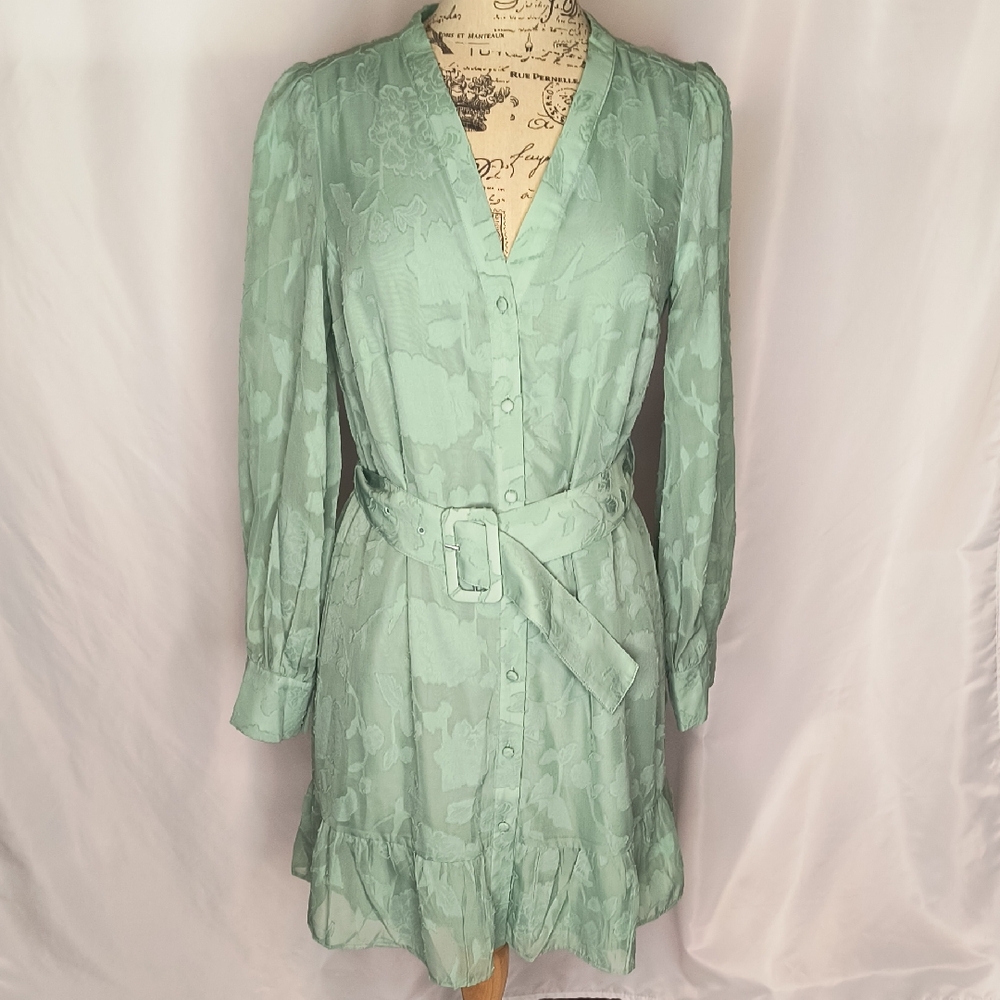 Shoe Dazzle Mint Green Floral Belted Dress Fun, Flowy, Casual Dress